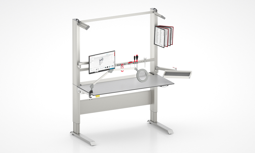 A bancada item: compatível com salas limpas, segura contra ESD e ergonômica.